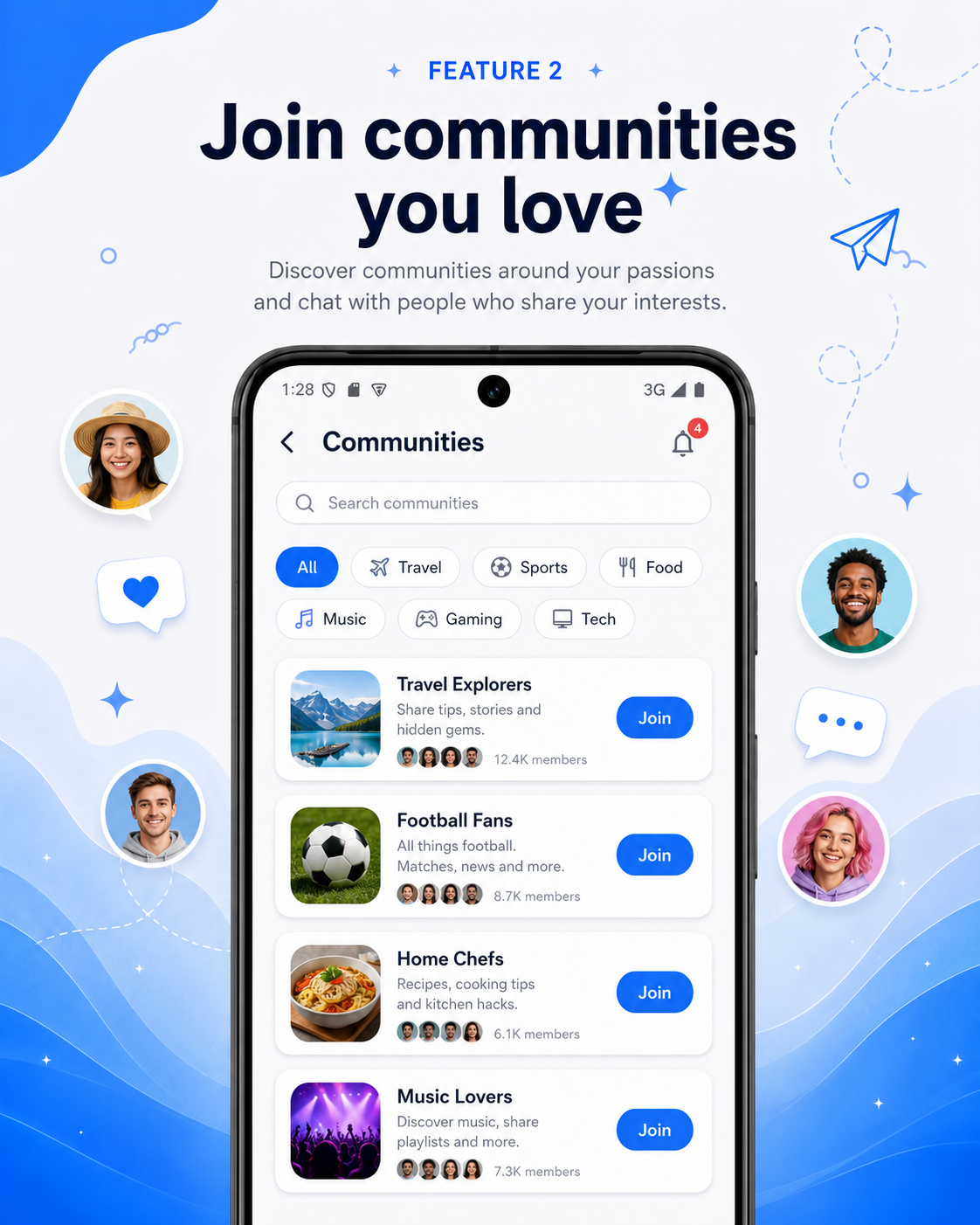 Gubify communities screen with interest categories and community cards.