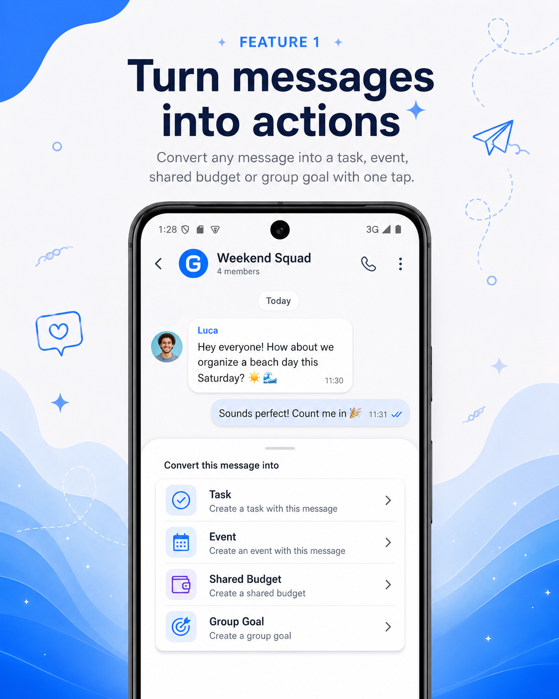 Gubify screen showing a message being converted into an action.