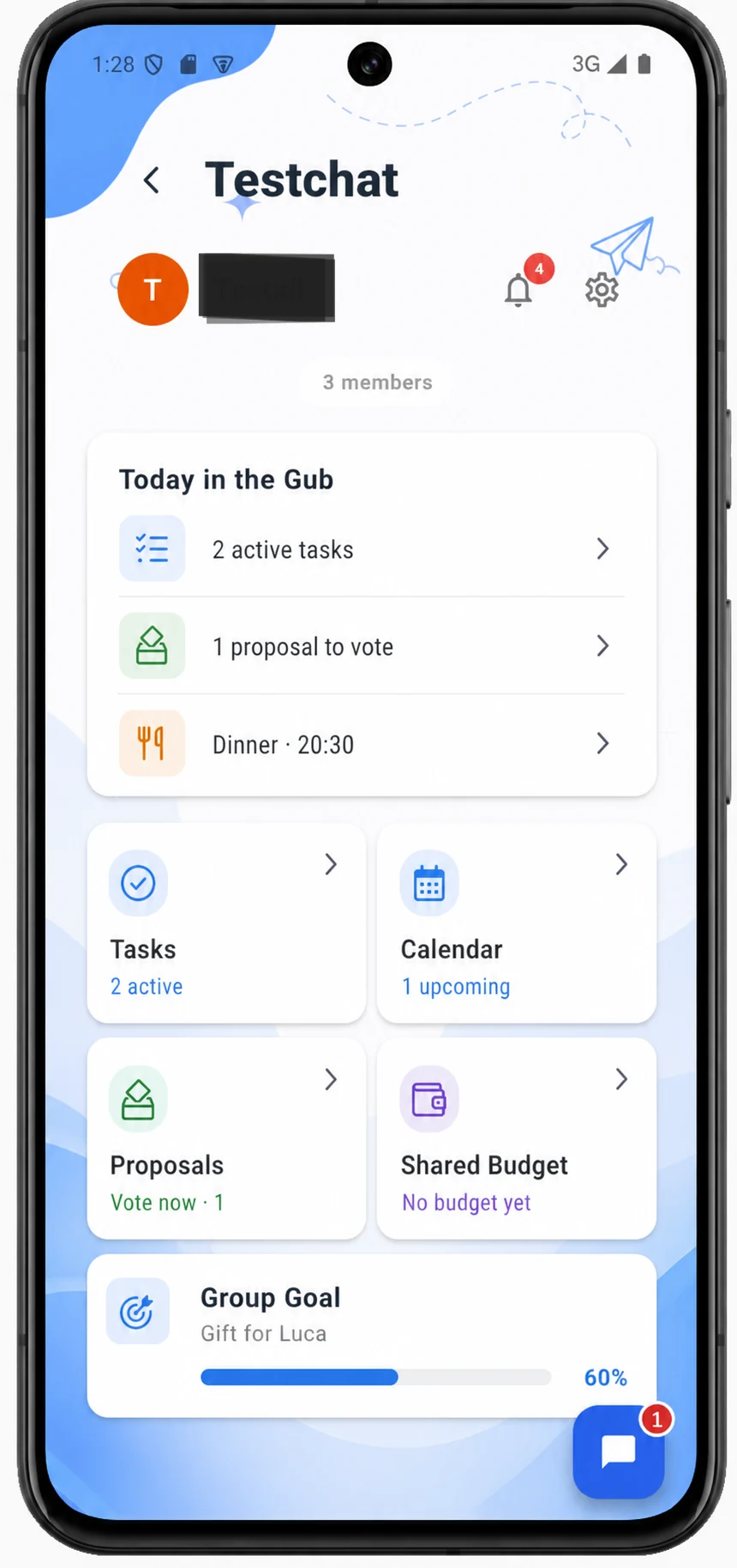 Gubify Gub home screen showing tasks, calendar, proposals, shared budget and group goal cards.