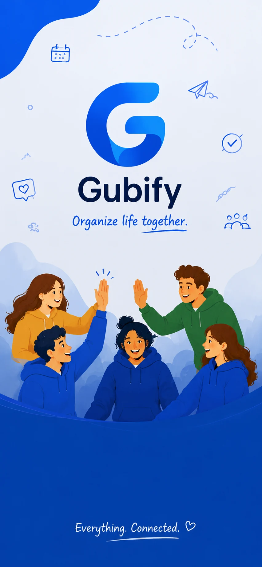 Gubify branded artwork with the Gubify logo and a group of friends.